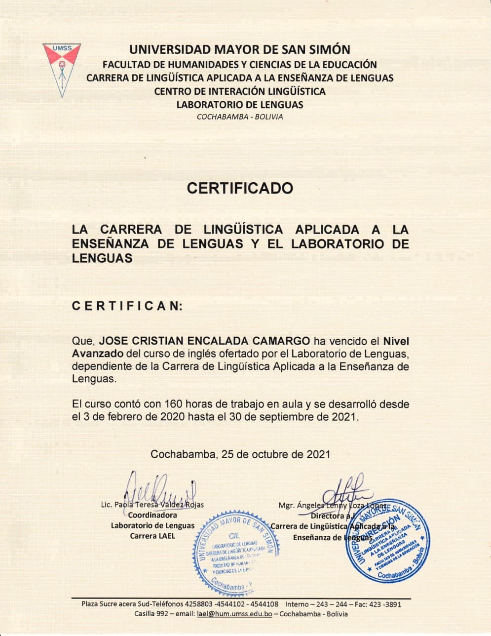 Advanced English Certification (C1) certificate